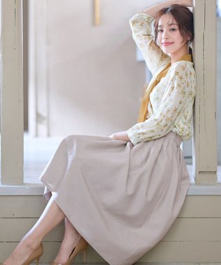 Tiaclasse 【選べる丈】麻調タックフレアスカート 膝丈グレージュ