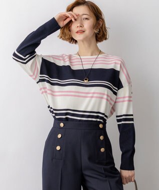 23区 L 【先行予約】コットンポリエステルストレッチ オーバーサイズ ニット ネイビー×ピンク系