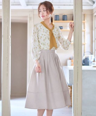 Tiaclasse 【選べる丈】麻調タックフレアスカート 膝丈グレージュ