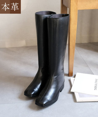 Pointer 本革ローヒール スクエアトゥロングブーツ