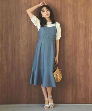 Feroux 【セットアイテム・洗える】パフスリーブニット×キャミソール ワンピース ネイビー系