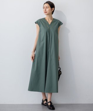 23区 L 【接触冷感/撥水加工/洗える】ストレッチブロード Vネックワンピース セージグリーン系