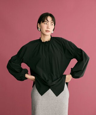 #Newans 【洗濯機可／撥水】シャーリングネック ボリュームスリーブシャツ ブラック