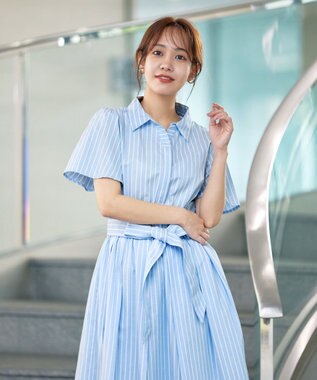 Tiaclasse 【洗える】フレアスリーブシャツワンピース サックスストライプ