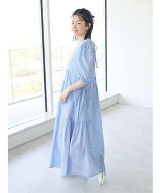 CRAFT STANDARD BOUTIQUE インド綿パフスリーブギャザーワンピース Stripe Blue