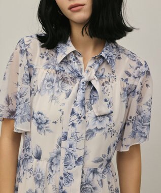 GRACE CONTINENTAL フラワープリントシャツフレアワンピース ブルー