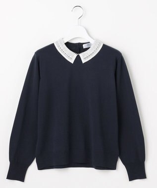 J.PRESS LADIES L レーヨンストレッチ 刺繡襟 ニット ネイビー×オフ系
