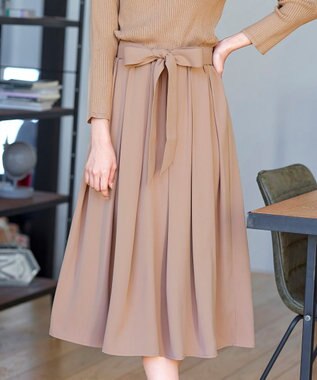 Tiaclasse L 【洗える】異素材を組み合わせたミモレ丈リブコンビワンピース ベージュ×ベージュ