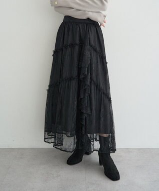 earth music&ecology レースフリルティアードスカート Black