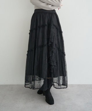 earth music&ecology レースフリルティアードスカート Black