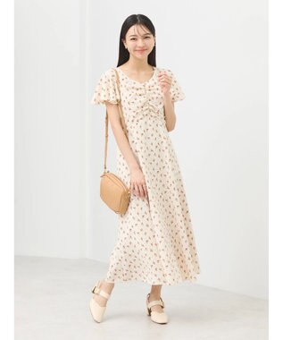 earth music&ecology フロントギャザーフラワーワンピース Beige