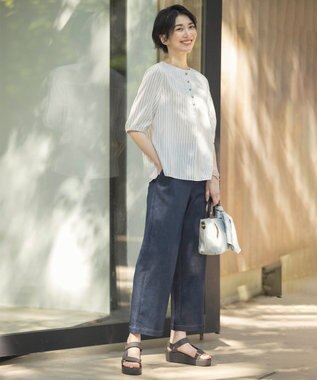 J.PRESS LADIES S 【洗える】ウォッシャブルキュプラツイル ボートネック ブラウス ホワイトストライプ系