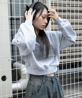 WEGO グラフィックショートパーカー 杢グレー