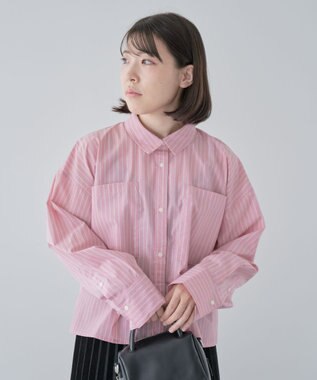 Green Parks イージーケアショート丈ストライプシャツ Off White