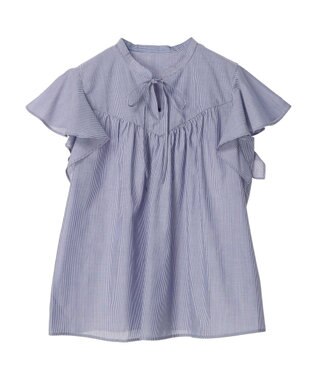 earth music&ecology ギャザーフレンチスリーブブラウス Stripe Navy