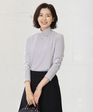 J.PRESS LADIES L タートルジャージー ボーダー カットソー グレー系1