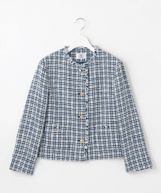 J.PRESS LADIES ファニーツイード ノーカラー ジャケット ホワイト×ブルー×ネイビー系