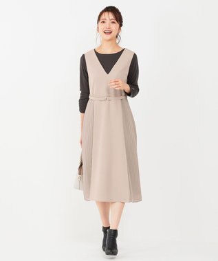 ANY SIS 【美人百花10月号掲載】カットソー×プリーツコンビ ジャンドレ ライトベージュ×チャコール