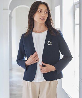 ANY 【WEB限定】ダブルクロスストレッチ Ｖネックノーカラージャケット ネイビー