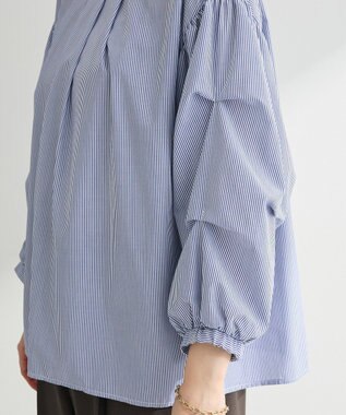 Green Parks イージーケア袖タックブラウス Stripe Blue