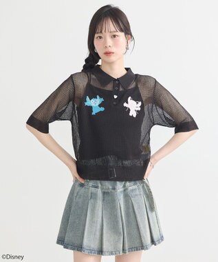 earth music&ecology スティッチ／刺繍ハートボタンニットポロシャツ Black