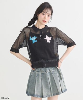 earth music&ecology スティッチ／刺繍ハートボタンニットポロシャツ Black