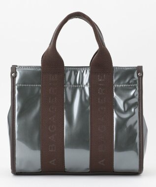 LA BAGAGERIE ソフトエナメル　ロゴテープ2WAYトートバッグ　Mサイズ ガンメタリック