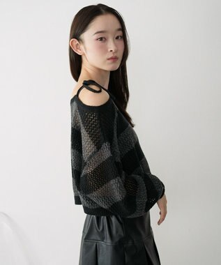 WEGO モヘアタッチ2WAYワンショルニット グレーボーダー