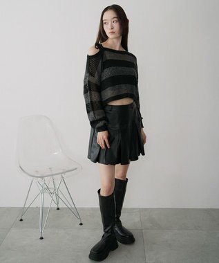 WEGO モヘアタッチ2WAYワンショルニット グレーボーダー