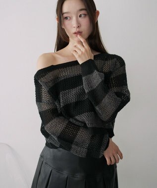 WEGO モヘアタッチ2WAYワンショルニット グレーボーダー