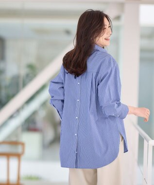 ANY 【洗濯機可能/接触冷感/UVケア】カラーストライプシャツ ブルーロンスト