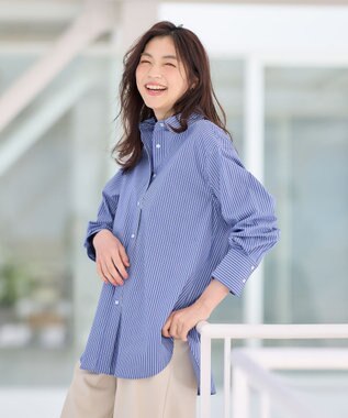 ANY 【洗濯機可能/接触冷感/UVケア】カラーストライプシャツ ブルーロンスト