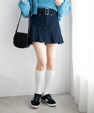 WEGO ベルト付デニムプリーツスカパン デニム中濃色