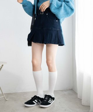 WEGO ベルト付デニムプリーツスカパン デニム中濃色