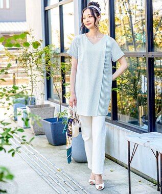 Tiaclasse 【洗える】体型カバーも叶うアシンメトリーストライプチュニックブラウス サックス