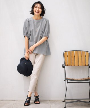 ANY サッカーギャザーバックペプラムブラウス ギンガム