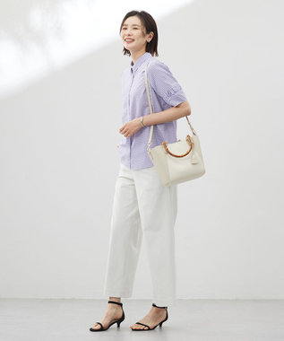 J.PRESS LADIES 【洗える・接触冷感・UVケア・吸水速乾・防透け】麻シェルドライ ワイドストレート マリン パンツ ナチュラル系