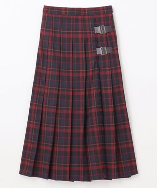 ANY L 【手洗い/ウエストゴム】チェック柄フリンジプリーツスカート レッド