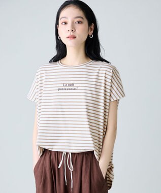 ANY ANYファンクションワイドフレンチスリーブTシャツ オフ×ベージュボーダー