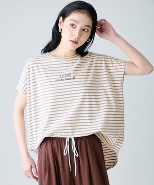 ANY ANYファンクションワイドフレンチスリーブTシャツ オフ×ベージュボーダー