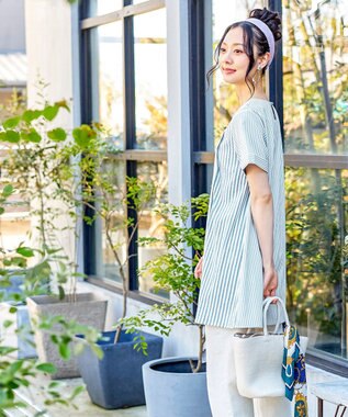 Tiaclasse 【洗える】体型カバーも叶うアシンメトリーストライプチュニックブラウス サックス