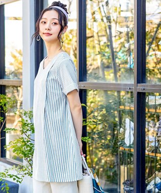 Tiaclasse 【洗える】体型カバーも叶うアシンメトリーストライプチュニックブラウス サックス