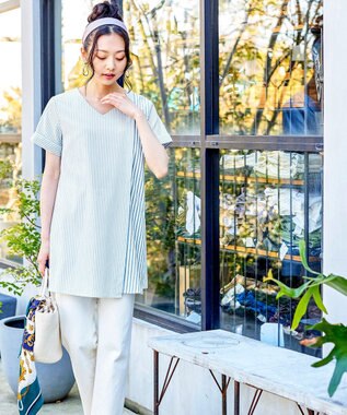 Tiaclasse 【洗える】体型カバーも叶うアシンメトリーストライプチュニックブラウス サックス