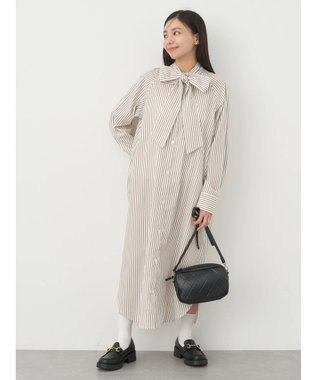 earth music&ecology ボウタイシャツワンピース Stripe Brown