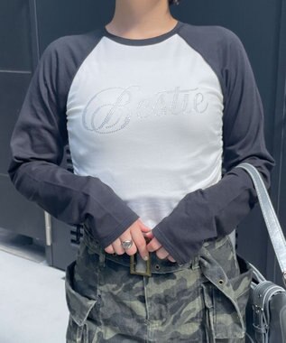 WEGO ラインストーンサイドドロストラグランロンT ブラック