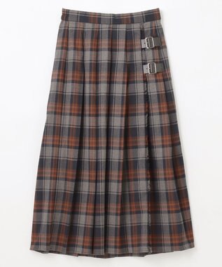 ANY L 【手洗い/ウエストゴム】チェック柄フリンジプリーツスカート グレー