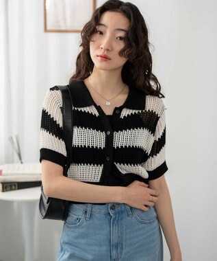 WEGO 襟付きメッシュニットショートカーデ ブラックボーダー