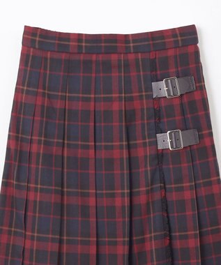 ANY L 【手洗い/ウエストゴム】チェック柄フリンジプリーツスカート レッド