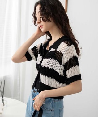 WEGO 襟付きメッシュニットショートカーデ ブラックボーダー