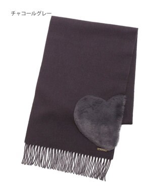 MOONBAT 【WEB限定】フルラ (FURLA)エコファー付きマフラー 無地×ハート　ウールマフラー ロゴプレート付き チャコールグレー